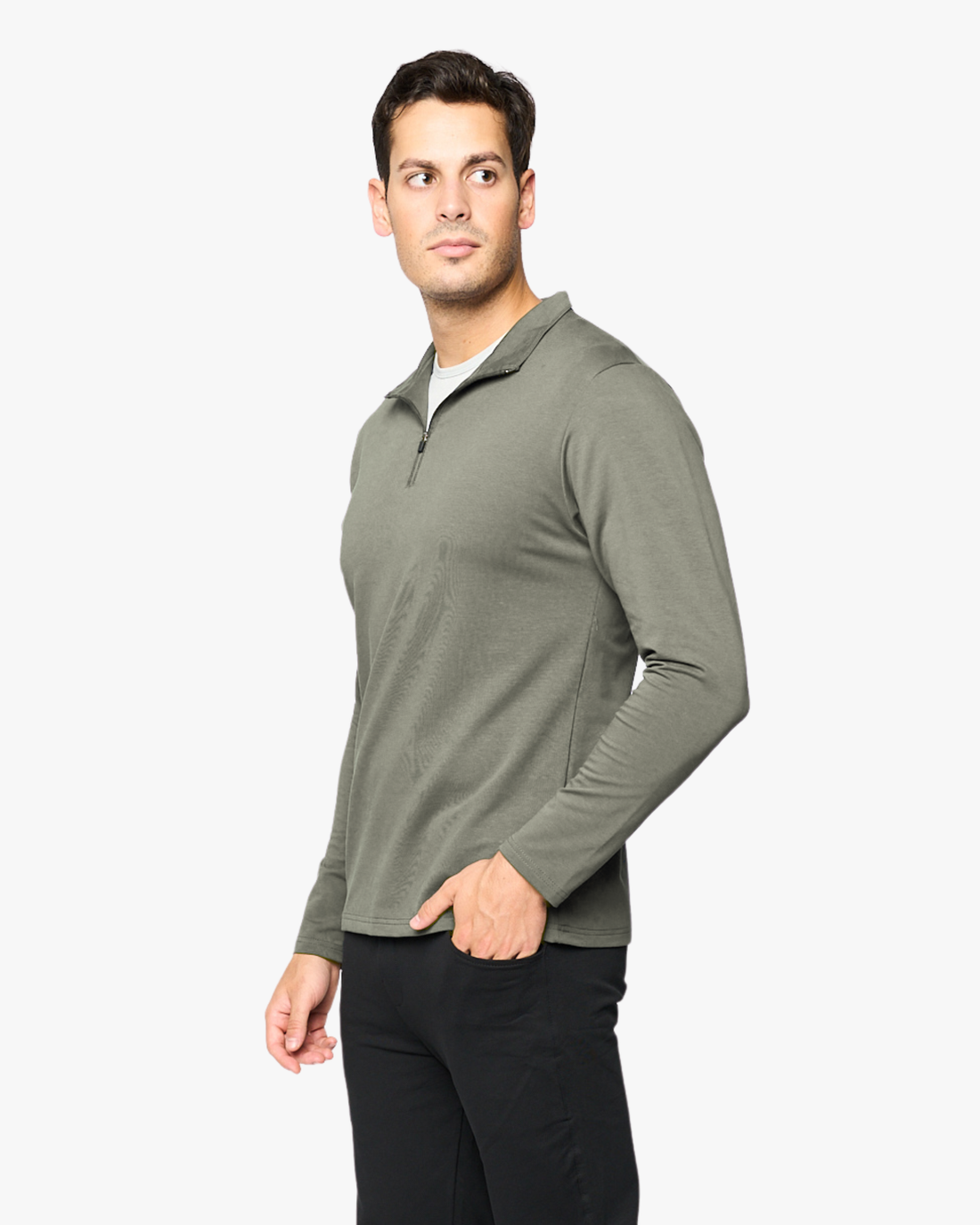 Quarter Zip Sweatshirt in Sage, three-quarter view