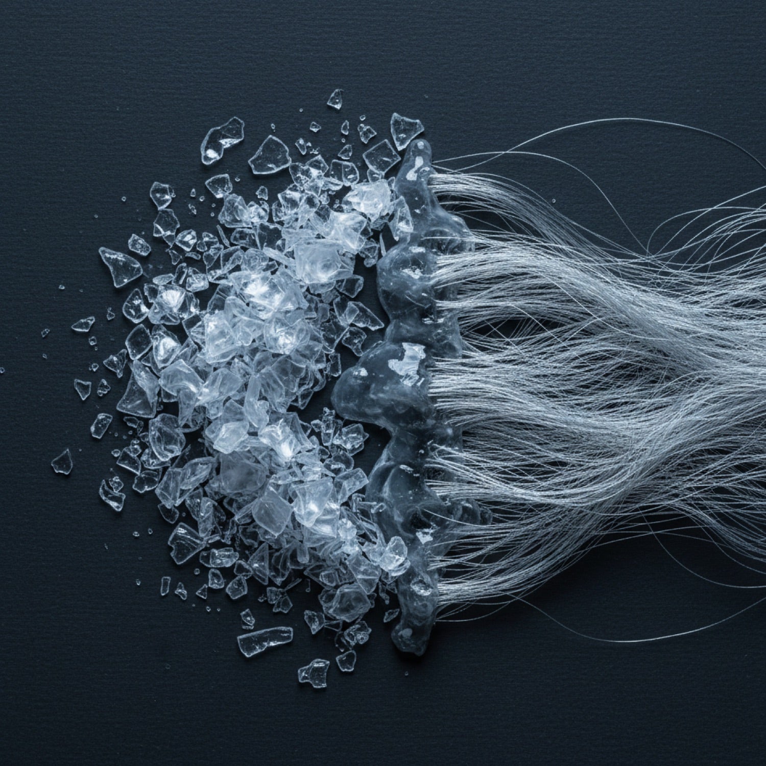 PET flakes → synthetic thread · cold clinical light