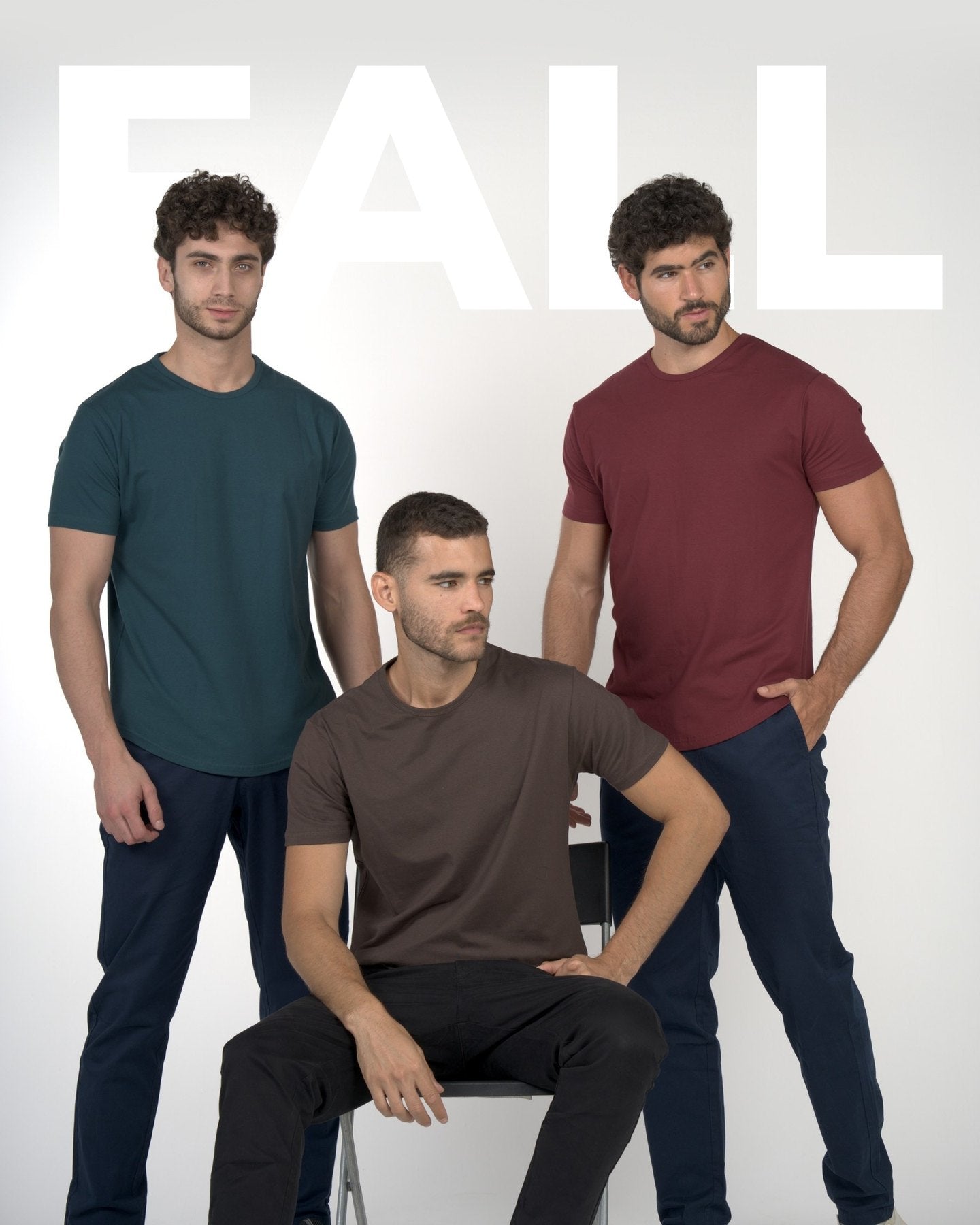 Three men in the new Fall 2026 colors: Seagreen, Silt and Cordovan